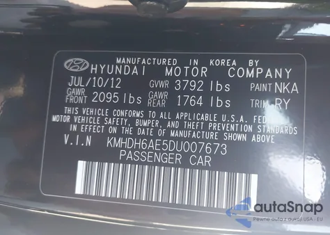 2013 Hyundai Elantra Gs из США, поврежденный, VIN KMHDH6AE5DU007673